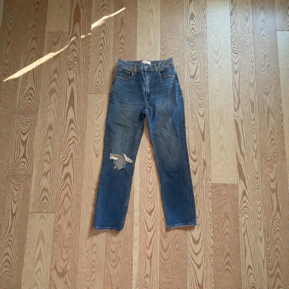 Abercrombie Ankle Straight Ultra High Rise Classic Blue Distressed Women Jeans